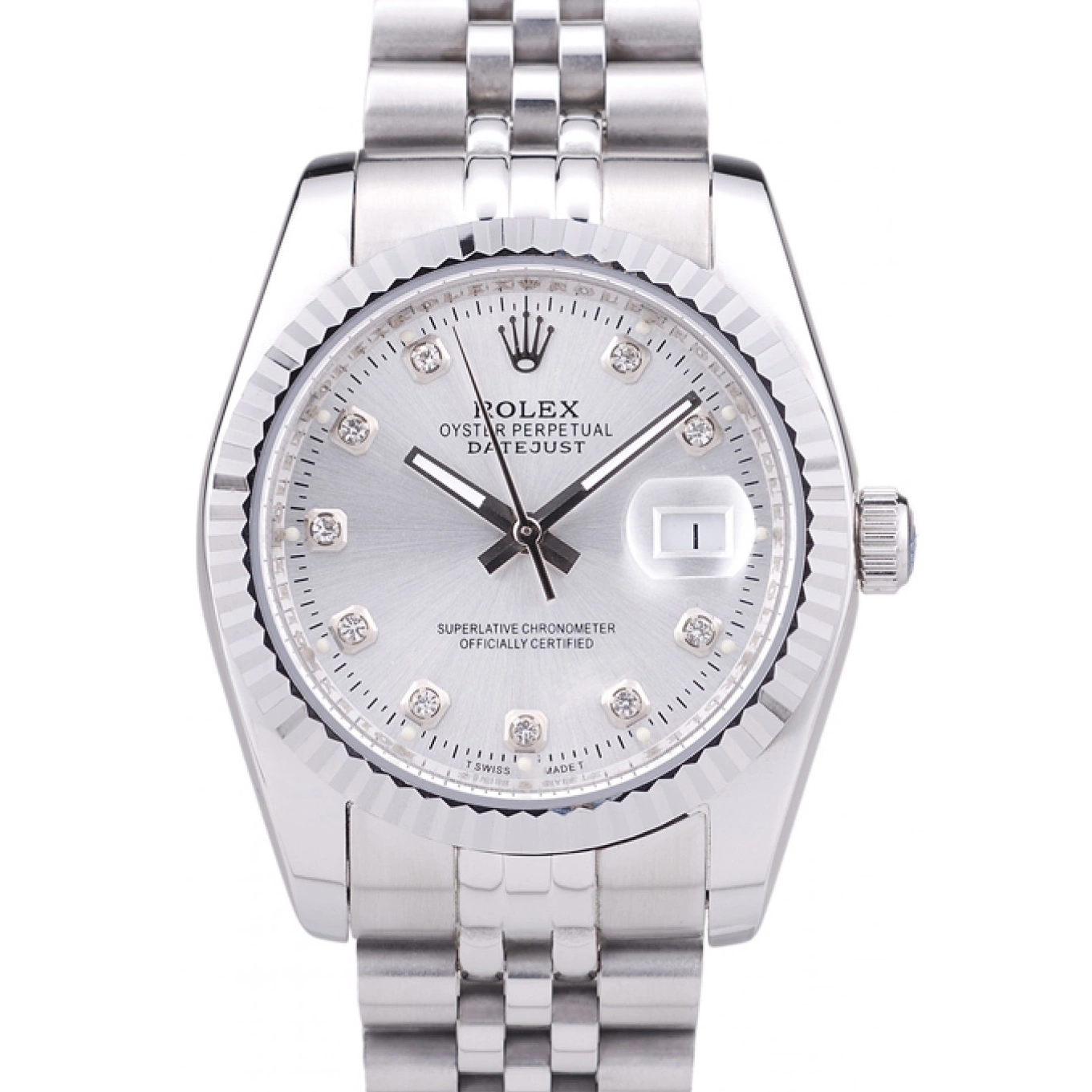 Aaa replica Rolex Datejust Diamonds Silver 7455 Ribbed Bezel Dial 0820